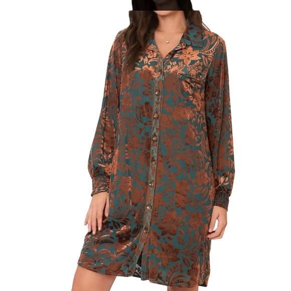 Cozy Co Burnout Velvet Floral Button Front Shirt Dress Teal Brown Medium Boho - Picture 2 of 14